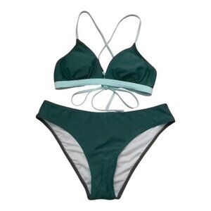 CUPSHE Green 2-Piece Bikini Set Medium High Waist Bottom Tie Back Closure